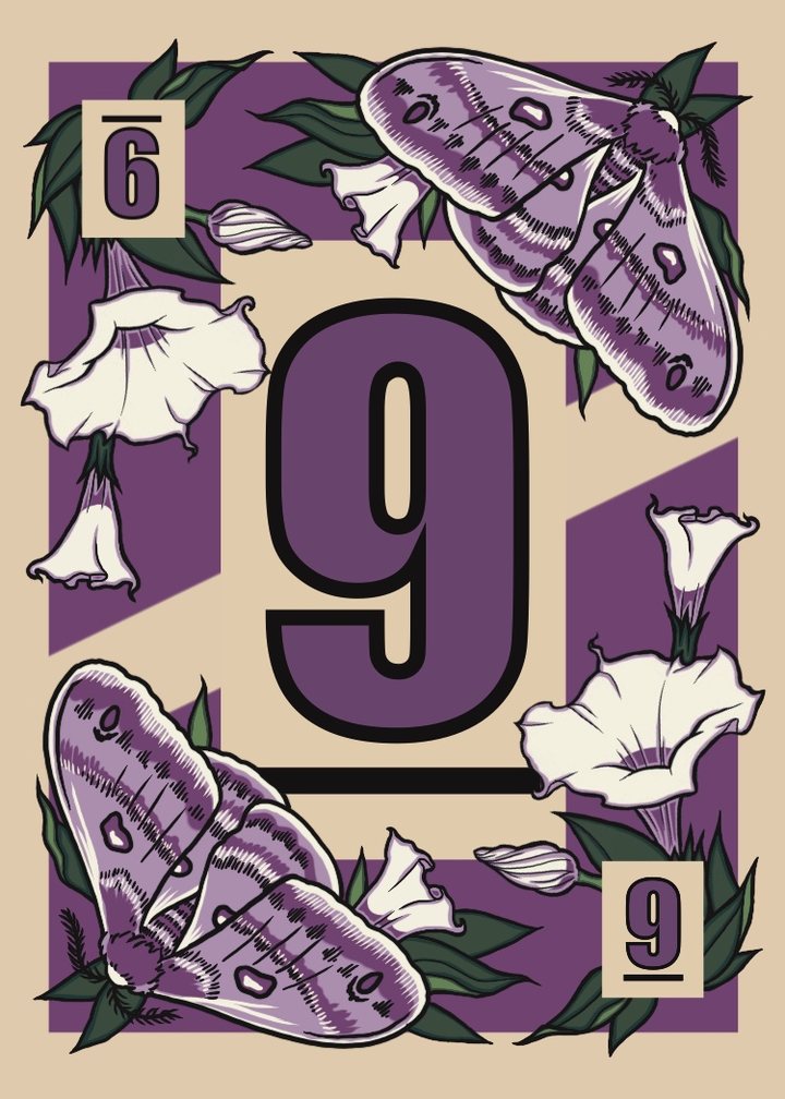 Purple moth card, the 9